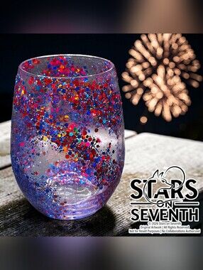 (1) 4th of July Firework Glitter 20oz Stemless Wine Glass